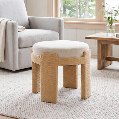 Round Foot Stool Ottoman Set of 2, Boho Hand-Woven Rope Upholstered Accent Footrest Vanity Stool Fully Assembled for Bedroom Living Room, Beige Linen