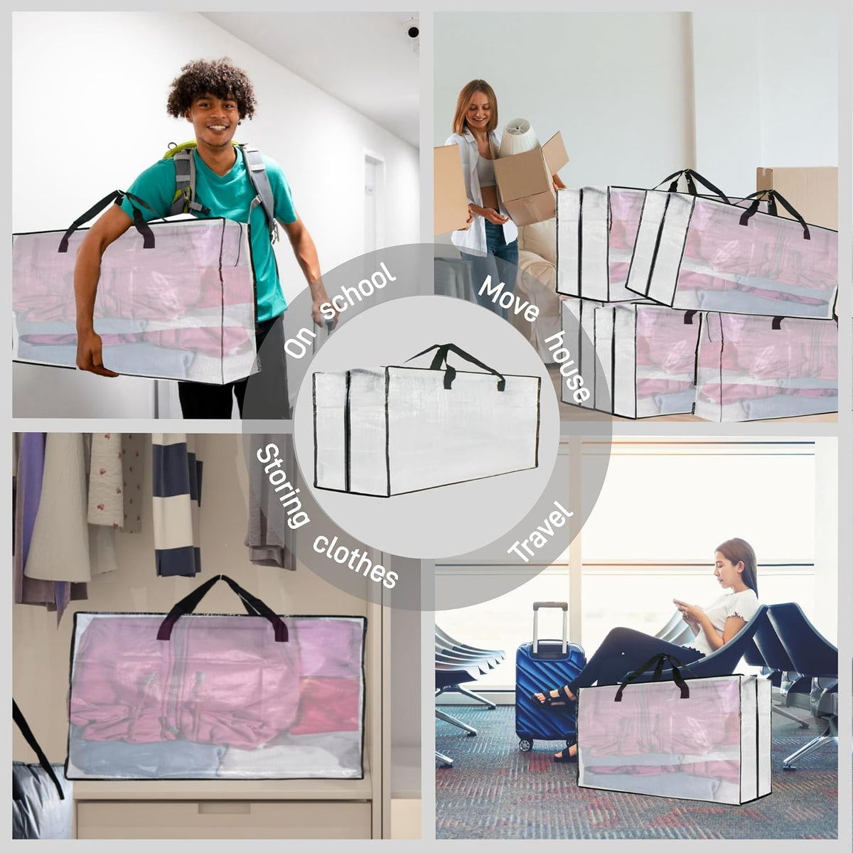 GONGKANGYUAN Heavy Duty Moving Bags, Extra Large Clear Storage Bags with Zipper and Handles, Moving Boxes & Storage Bins Alternative, Packing Supplies, Moving Supplies for Dorm Room Essentials