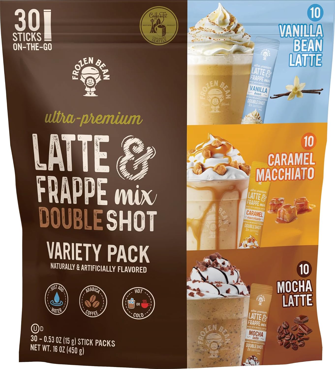 The Frozen Bean Vanilla Bean Frappe & Latte Instant Mix (10 Sticks), Made with Arabica Coffee, Double Shot Caffeine, Low Sugar & Premium Ingredients, Hot, Iced, or Blended Drinks