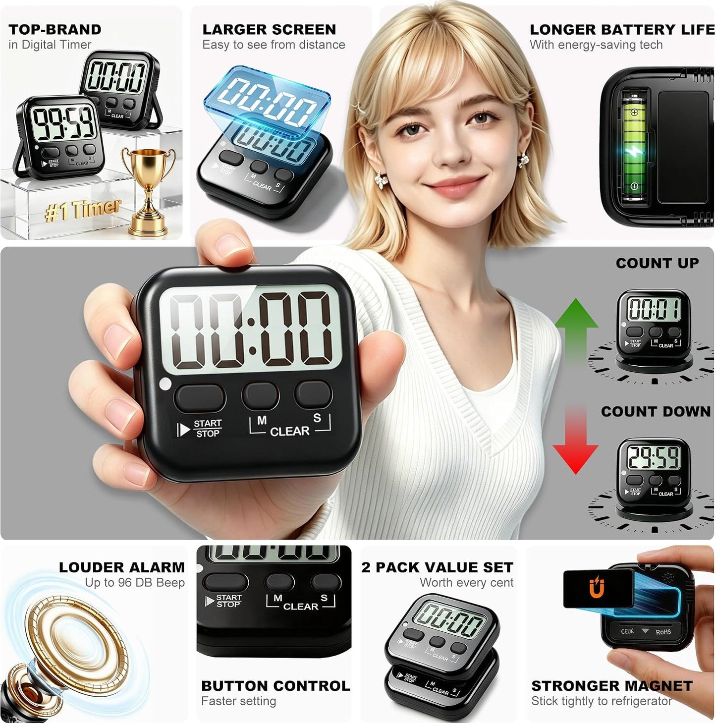 Antonki 2 Pack Digital Timer for Kids Classroom Kitchen Timers for Cooking