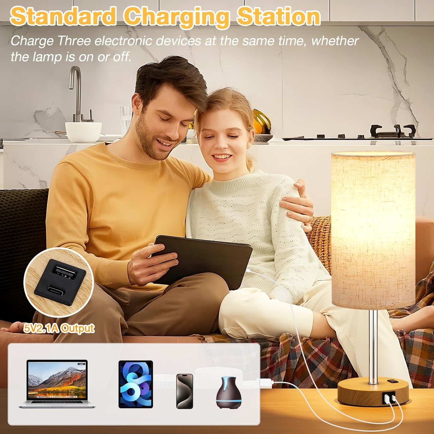 Dicoool Touch Bedside Table Lamp with USB - 3 Way Dimmable Wood Lamp for Bedroom Nightstand, Desk Lamp with Charging Station for Dorm, Living Room, Office, Kids Room, Small, 14in