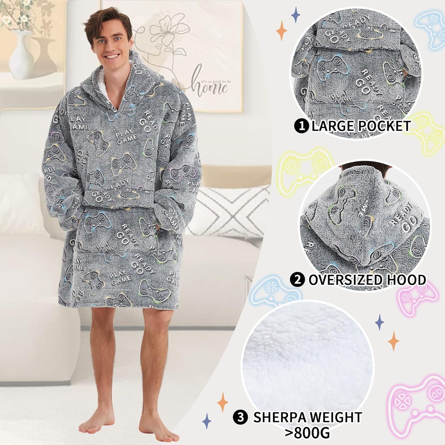 Mewkou Wearable Blanket Hoodie for Adult,Oversized Sherpa Fleece Blanket Hoodie for Women Men,Grey