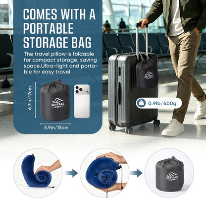 SkytraxComf® Travel Neck Pillow with Hood for Privacy on Long Flights | Memory Foam | Airplane Sleep | Safety-Tested Materials | Extra Large Hood | Chin Support | Earplugs | Washable Cover