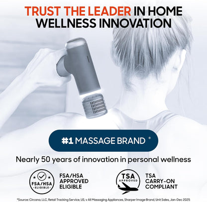 Sharper Image Powerboost Move - Mini Percussion Massage Gun| 4 Attachments, 4 Speeds, FSA Eligible| Full Body Back & Shoulder Massager| Deep Tissue Muscle Recovery| Portable Pain Relief Massage Tool