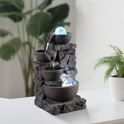 Tabletop Indoor Water Fountain – 3-Tier Rock Waterfall Fountain with Warm LED Light and DIY Planting Pot – Relaxing Small Water Feature for Desk or Home Decor (23061)