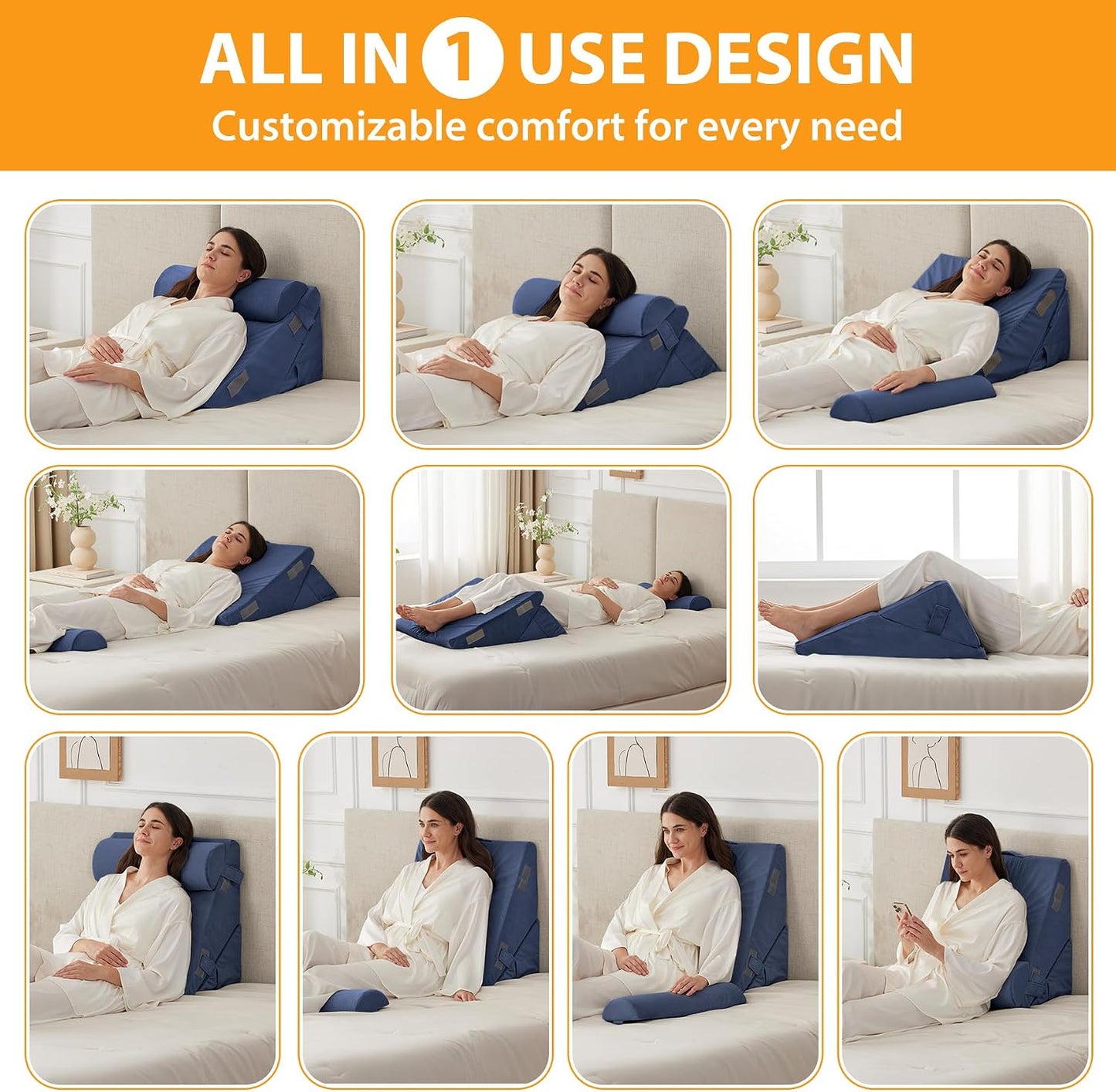 Ruqmuis 3PCS Wedge Pillow Set for After Surgery, Adjustable 9&12 Inch Bed Wedge Pillow for Sleeping, Incline Pillow Wedge for Headboard, Post Surgery, Acid Reflux, Neck&Back Support, White/Grey