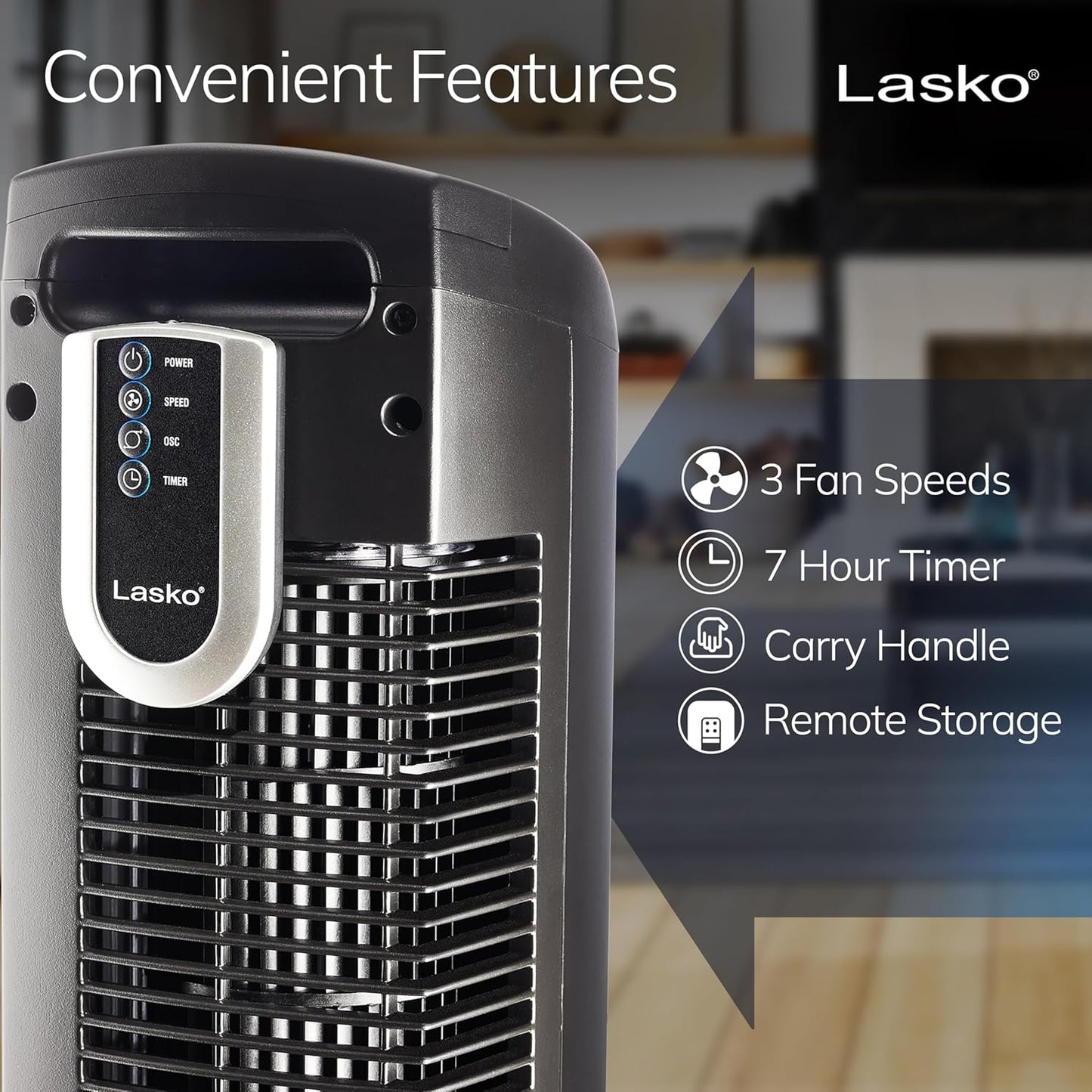 Lasko Oscillating Tower Fan with Remote Control and Timer - Quiet Standing Fan for Bedroom, Office, and Home - 3 Speeds - Powerful Cooling Air - 2510 - 36" Tall - White