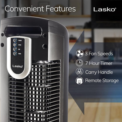Lasko Oscillating Tower Fan with Remote Control and Timer - Quiet Standing Fan for Bedroom, Office, and Home - 3 Speeds - Powerful Cooling Air - 2510 - 36" Tall - White