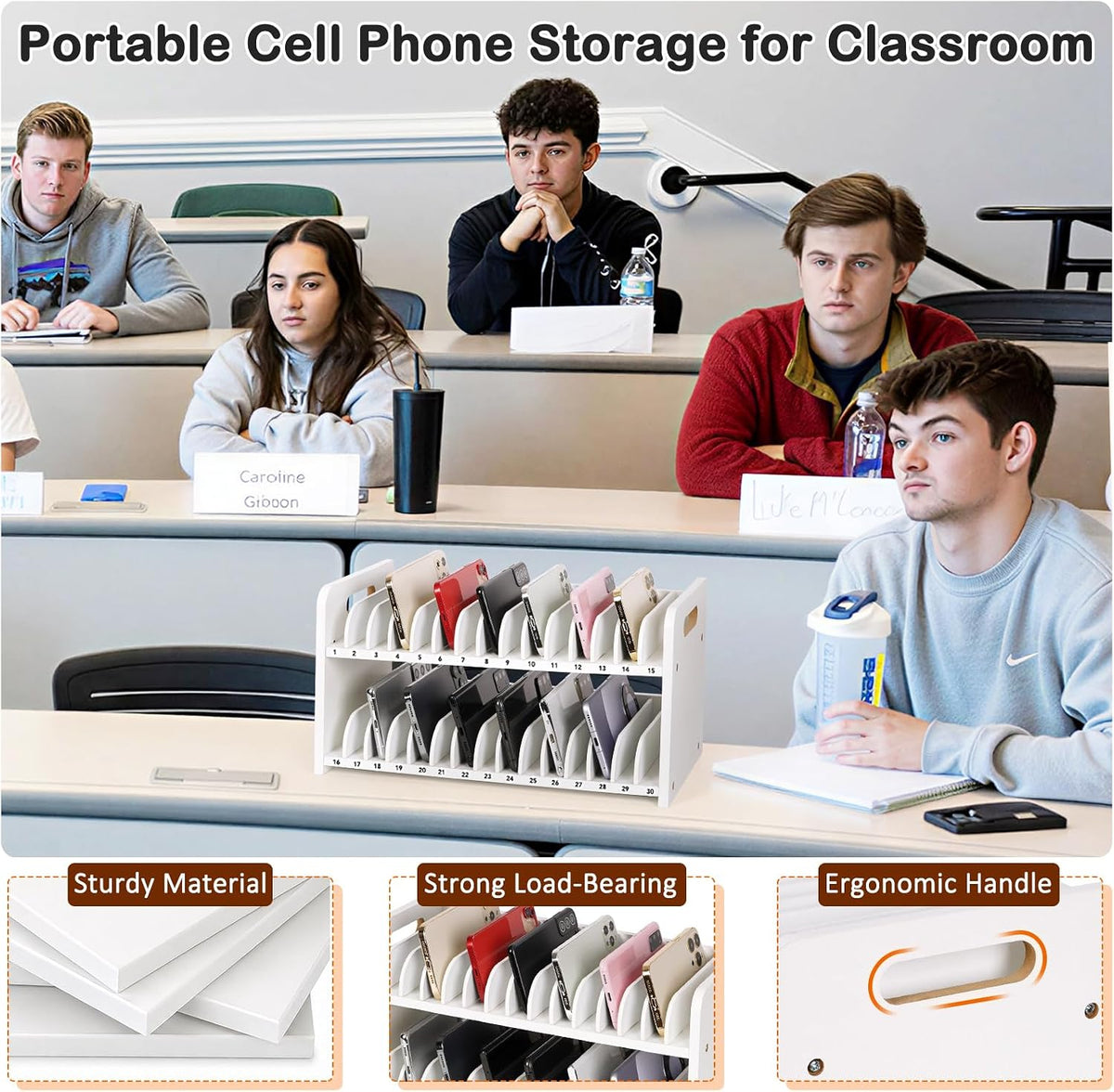 30 Slots Wooden Classroom Cell Phone Holder Stand with 1-30 Number Stickers
