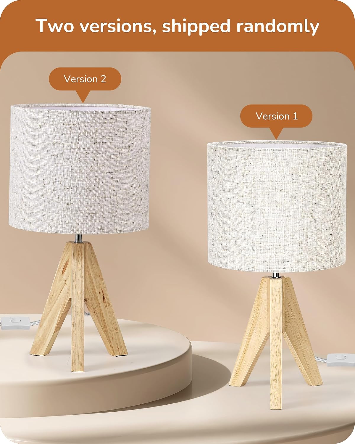 EDISHINE Tripod Table Lamp, Small Cute Bedside Lamp with Linen Beige Lampshade, Nightstand Lamp for Nursery, Bedroom, Kid Room, Living Room, Light Brown Wooden Base, E26 Socket, 14.2 Inch