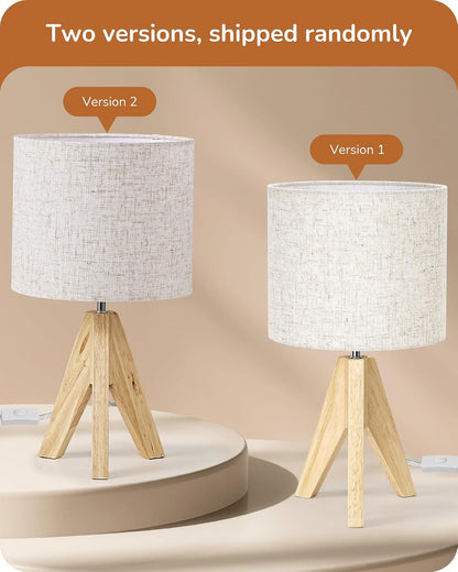 EDISHINE Tripod Table Lamp, Small Cute Bedside Lamp with Linen Beige Lampshade, Nightstand Lamp for Nursery, Bedroom, Kid Room, Living Room, Light Brown Wooden Base, E26 Socket, 14.2 Inch