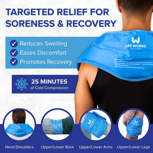 LIFE WORKS Gel Neck Ice Pack Wrap, Flexible Reusable Hot & Cold Pack, Soft Plush & Nylon Cover, Therapy Wrap for Neck, Shoulder & Upper Back Comfort, 23"x8"x5"