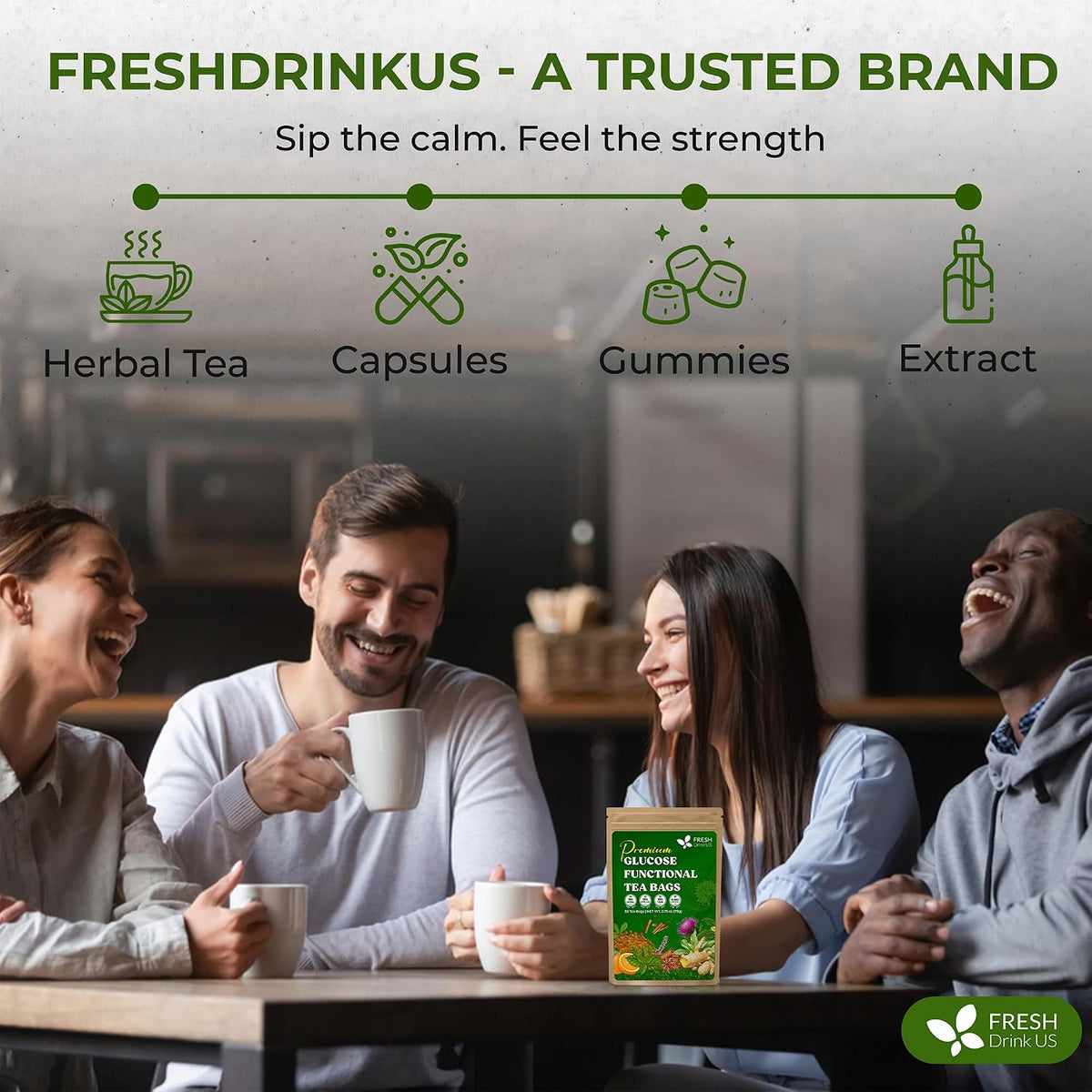 FreshDrinkUS, Premium 75 Tea Bags Glucose Functional Tea – Herbal Blend with Gymnema, Cinnamon, Bitter Melon, Tulsi & More –– Caffeine-Free. Sugar-Free. Gluten-Free. Vegan