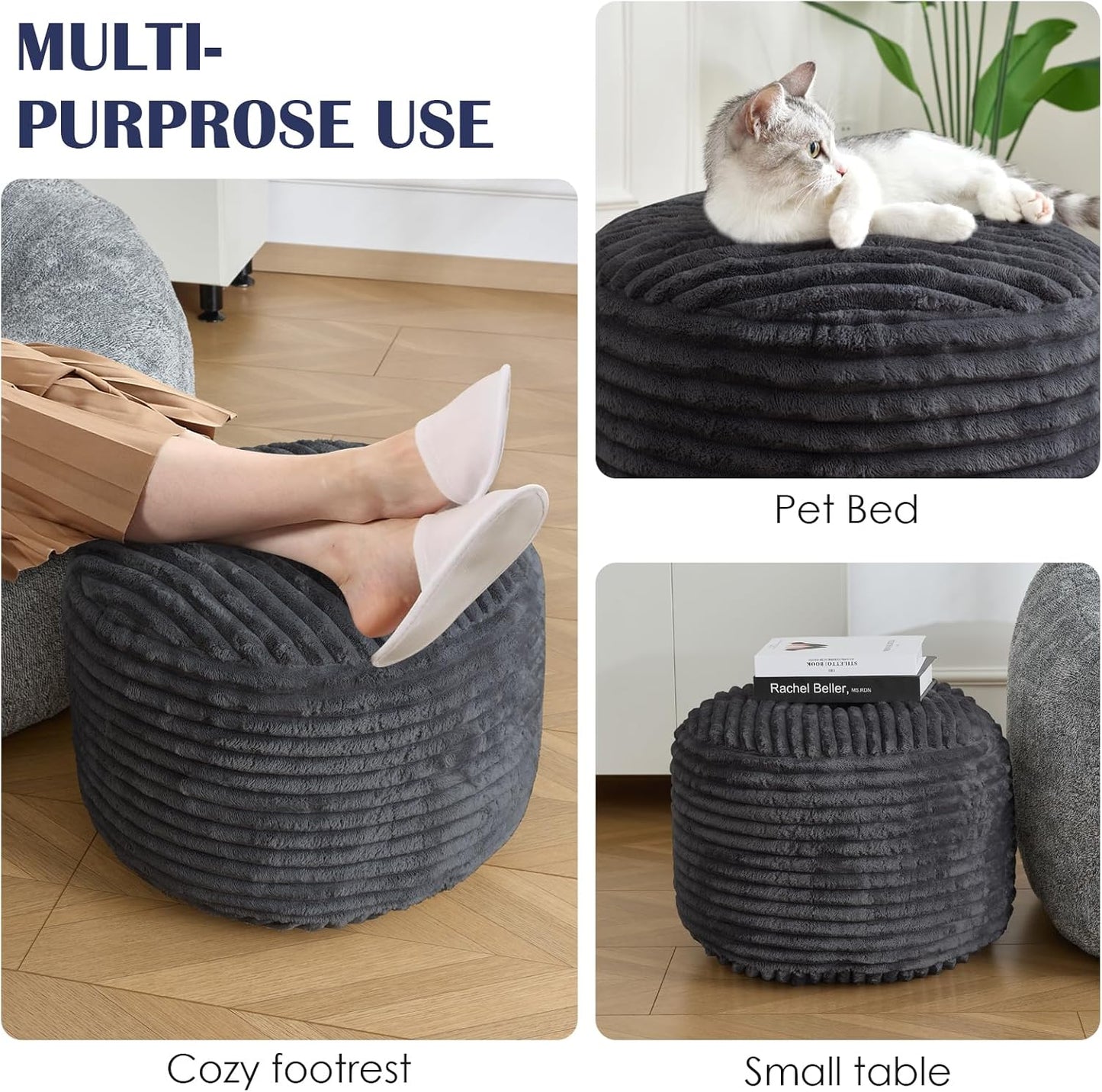 SHOUREN Stuffed Round Ottoman,Corduroy Pouf Ottoman Foot Rest with Foam Filling,Pouf Storage Ottoman Footstool for Living Room,20 X 15 Floor Poufs for Couch,Footrest Only - 20 X 15 Inches,Beige