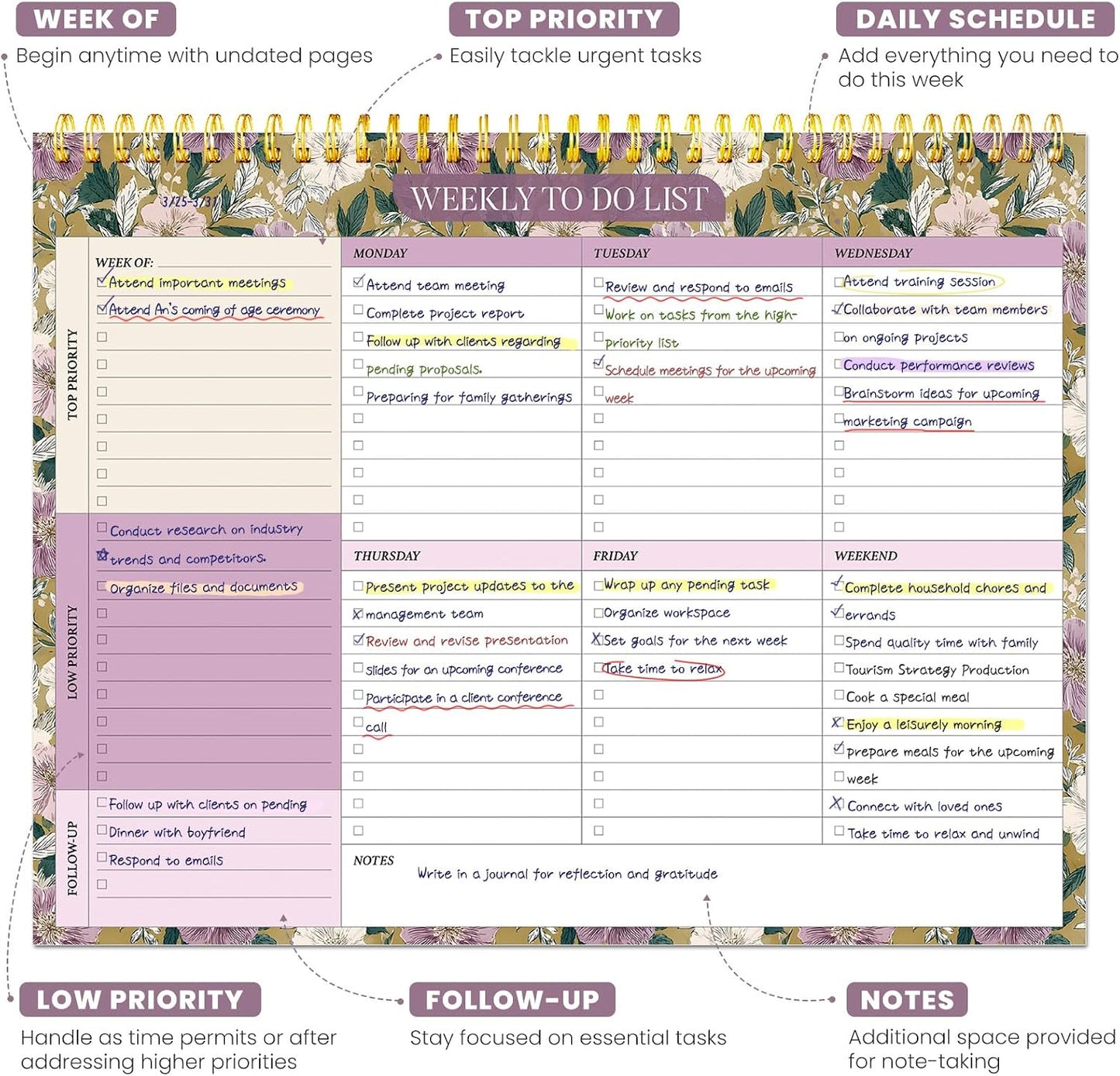 Weekly To Do List Notepad with 52 Undated Sheets（8.5"×11"）- Undated Weekly Planner Notepad for Office Desk Accessories and Supplies - Sunshine Petal