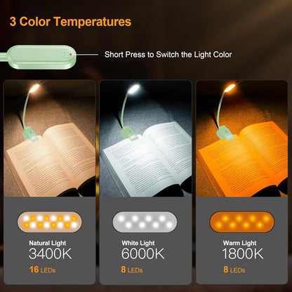Gritin 16 LED Rechargeable Book Light for Reading in Bed- Eye Caring 3 Color Temperatures, Stepless Dimming Brightness, 80 Hrs Runtime, Lightweight Flexible Clip on Light for Book Lovers