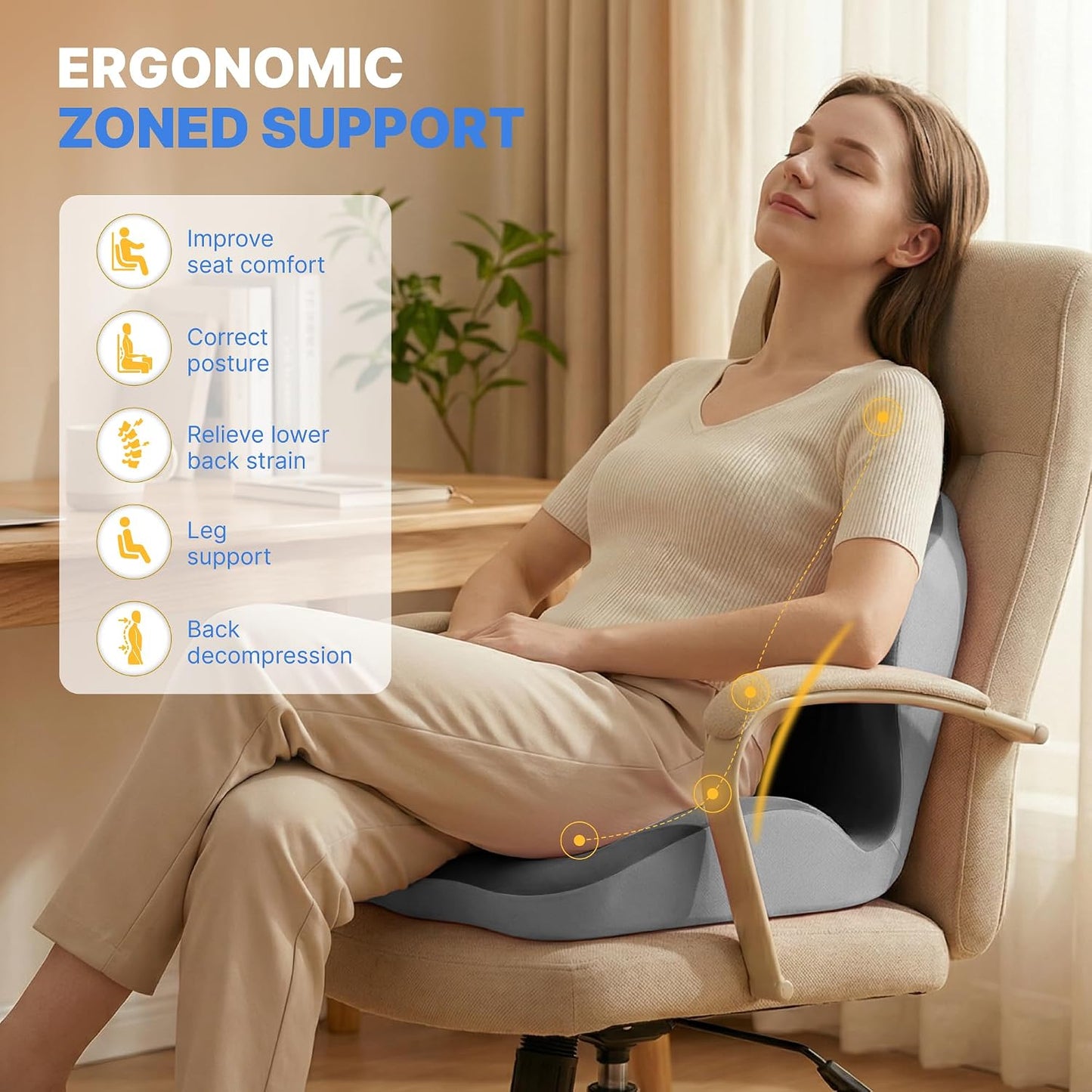 Ergonomic Seat Cushion, Office Chair Seat Cushions with L-Shaped Design, Memory Foam Orthopedic Cushion with Coccyx Hollow, Lumbar Support & Tailbone Pain Relief for Car, Truck, Gaming Chair (Black)