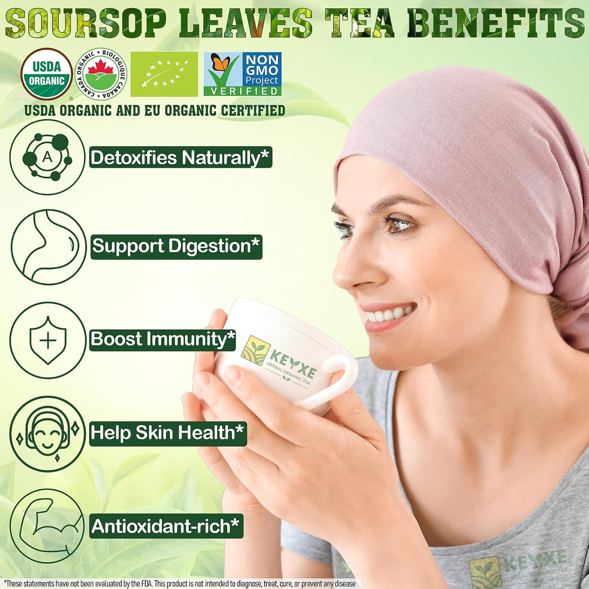 KEYXE - USDA Organic Soursop Graviola Leaves Tea 50 Bags. Non-GMO Verified , 100% Organic Soursop Leaves for Digestion, Boosting Immune, Improving Sleep & Skin Health, Gluten Free, Caffein Free , Hojas De Guanabana Tea Organica, Eco-Conscious Tea Bags