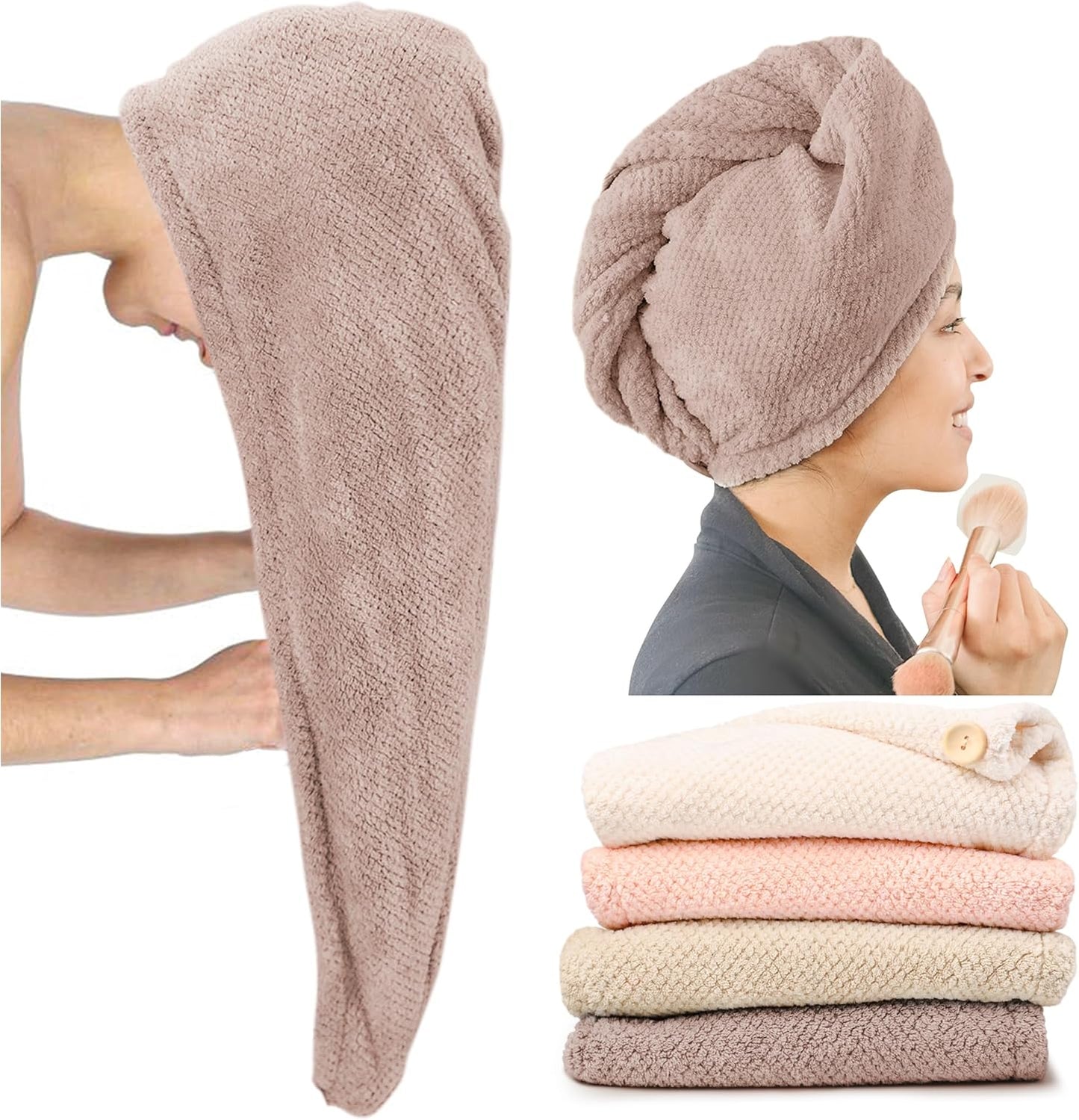 ROLSHOL Extra Large 4 Pack Microfiber Hair Towel Wrap for Women Super Absorbent & Quick Dry Hair Drying Towels with Button, Hair Turbans for Curly Hair Long & Short Hair - Anti-Frizz