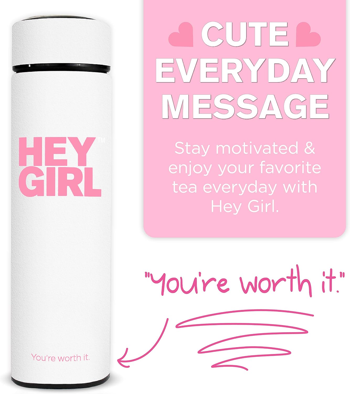 Hey Girl Tea Infuser Bottle 450ml - Insulated Stainless Steel Water Bottle - Tea Tumbler with Tea Diffuser - Portable Travel Mug for Loose Leaf Tea & Infused Water - Tea Lovers Gifts for Women (Pink)