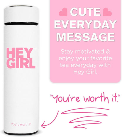 Hey Girl Tea Infuser Bottle 450ml - Insulated Stainless Steel Water Bottle - Tea Tumbler with Tea Diffuser - Portable Travel Mug for Loose Leaf Tea & Infused Water - Tea Lovers Gifts for Women (Pink)