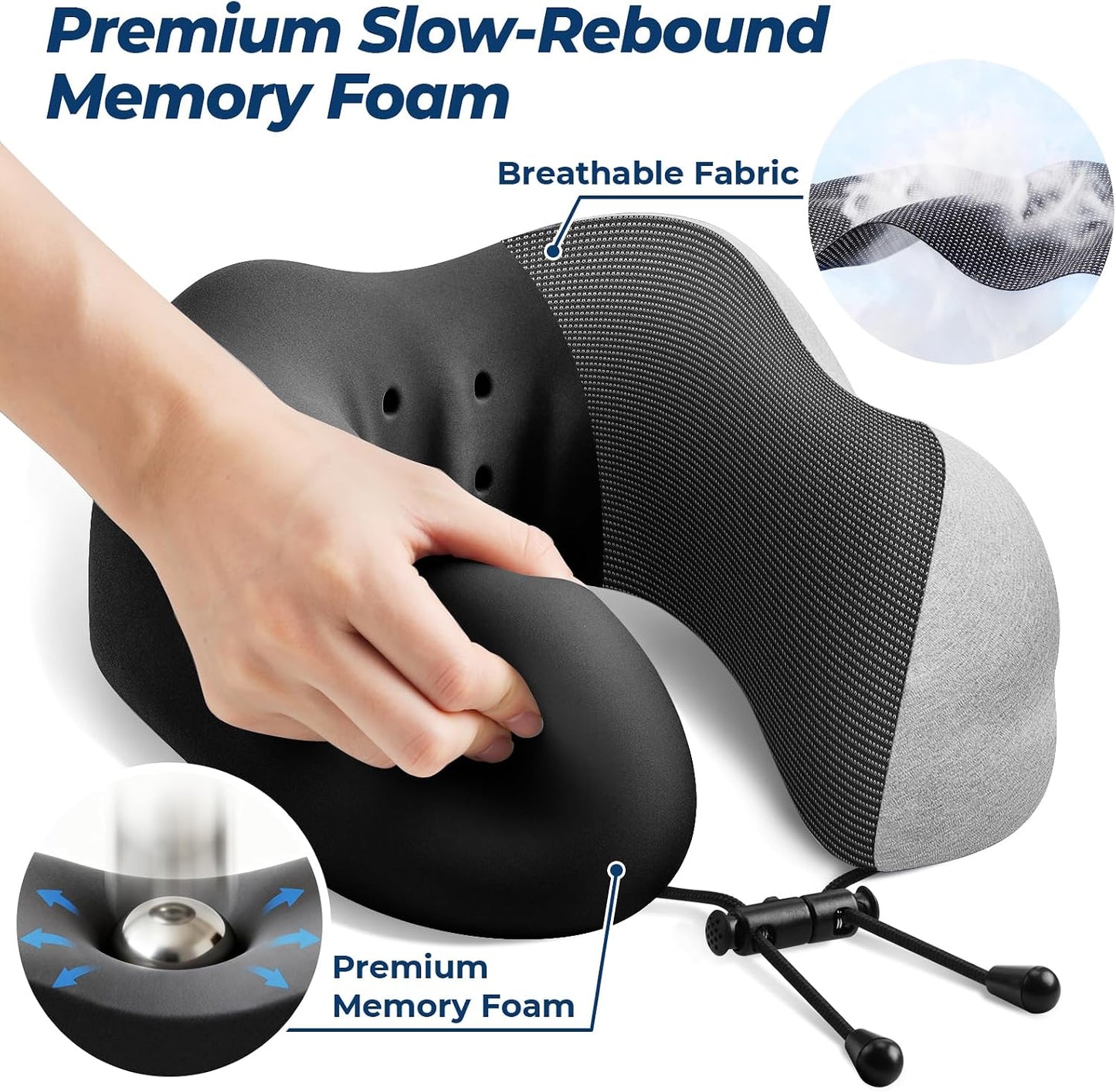 ExploreBliss Travel Pillow, Travel Pillows for Sleeping Airplane, Neck Pillow Airplane, Memory Foam Neck Pillow Set with Eye Mask, Earplugs and Storage Bag -Grey