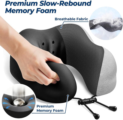 ExploreBliss Travel Pillow, Travel Pillows for Sleeping Airplane, Neck Pillow Airplane, Memory Foam Neck Pillow Set with Eye Mask, Earplugs and Storage Bag -Grey