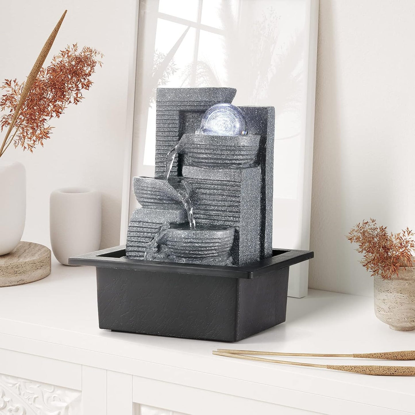 WICHEMI Indoor Fountain Tabletop Fountain Waterfall Fountains Stacked Rocks | Desktop Fountain With LED Light, Soothing Sound, Stress Relief, Humidifies Air, No Plumbing, Easy Setup, 11.8"X8.7"X5.9"