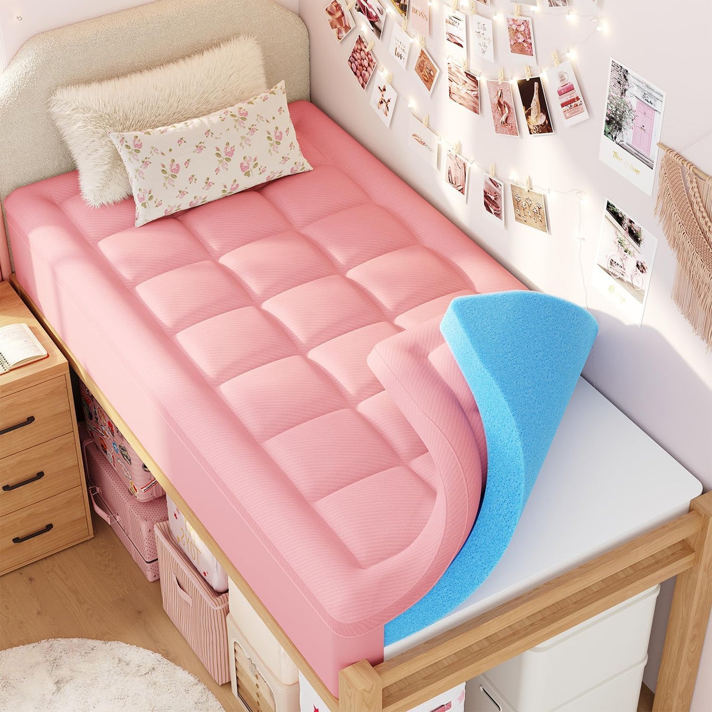 ELEMUSE Twin XL Dorm Dual Layer 3 Inch Memory Foam Mattress Topper for College, Dorm Room Essentials, 2 Inch Cooling Gel Foam and 1 Inch Soft Pillow Top Bed Pad,Back to School Comfortable Support
