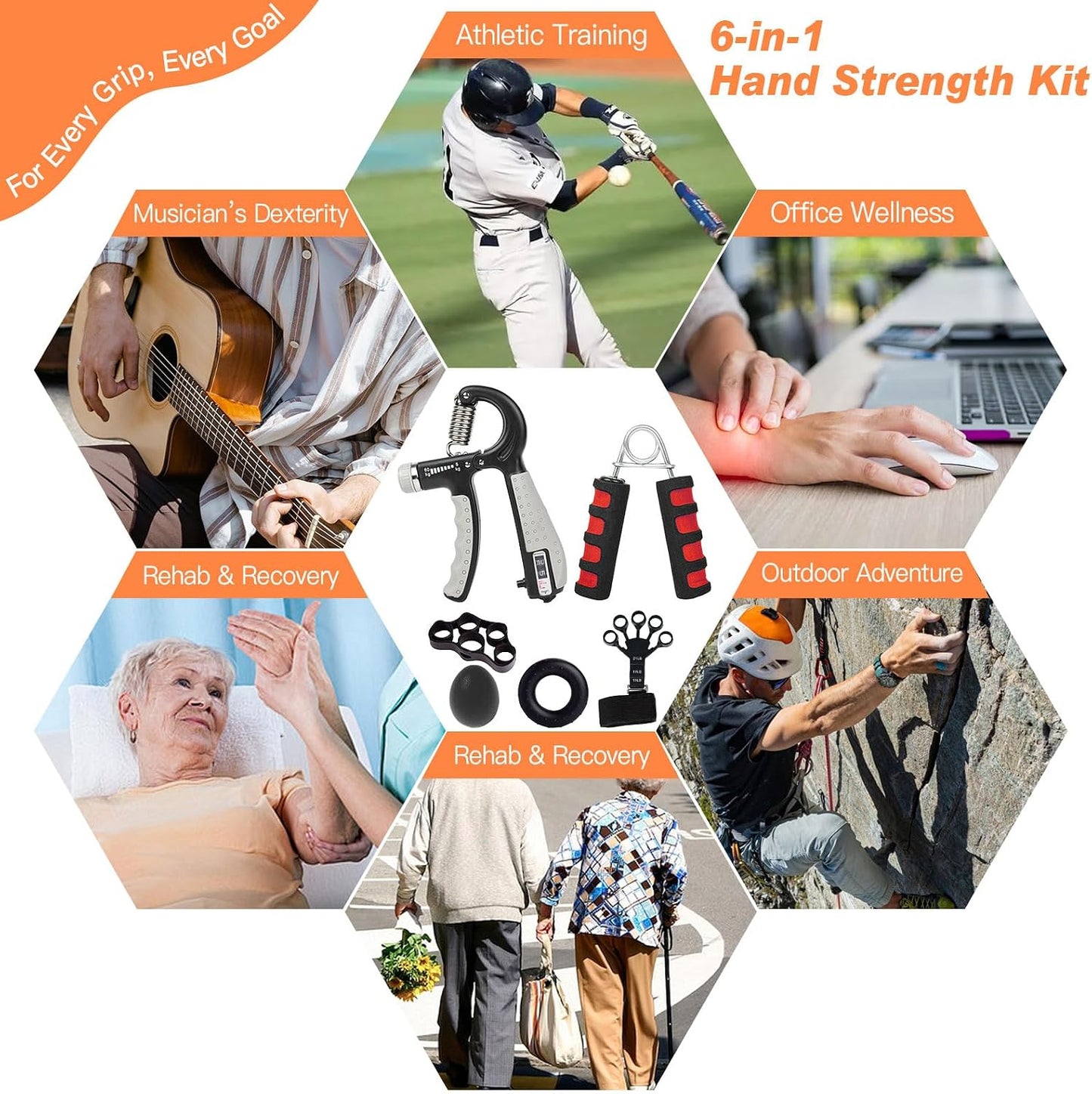 CYFIE Grip Strength Trainer Kit, Adjustable Hand Gripper Strengthener, Forearm Strengthener & Finger Exerciser Set with Finger Stretcher, Stress Ball & Grip Ring for Athletes, Rock Climbing & Rehab
