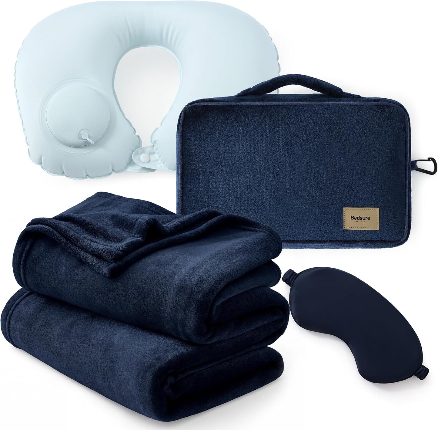 Bedsure Travel Blanket Set with Inflatable Neck Pillow and Eye Mask, Grey
