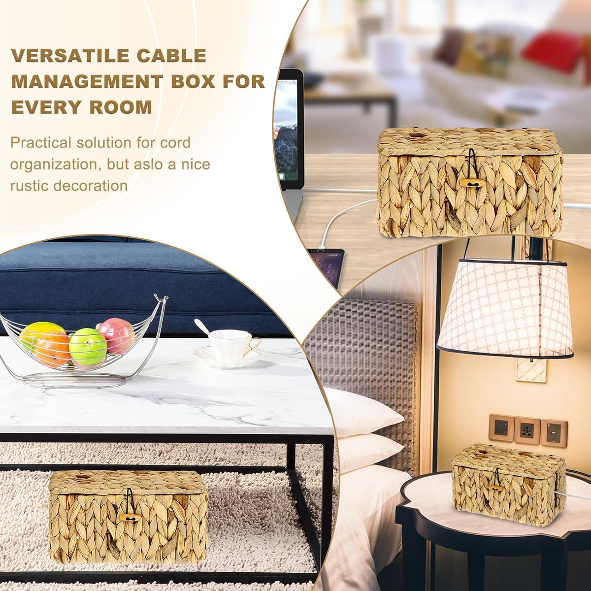BTSKY Woven Cable Management Box with Lid Water Hyacinth Cord Organizer, S