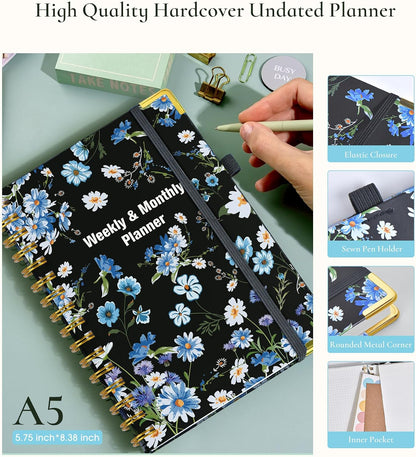 Undated Weekly Planner, Hardcover Leather Weekly & Monthly Calendar Blank Planner, To Do List Notebook with Goal & Habit Tracker Organizer, A5 Daily Planner with Spiral Binding, Ideal for Work School Home, Black
