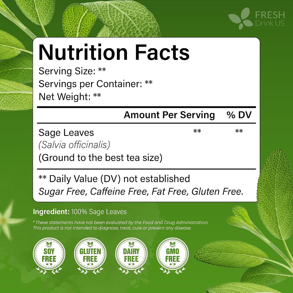 FreshDrinkUS, Premium Sage Leaf Tea Bag, 75 Count, Pure, Caffeine Free