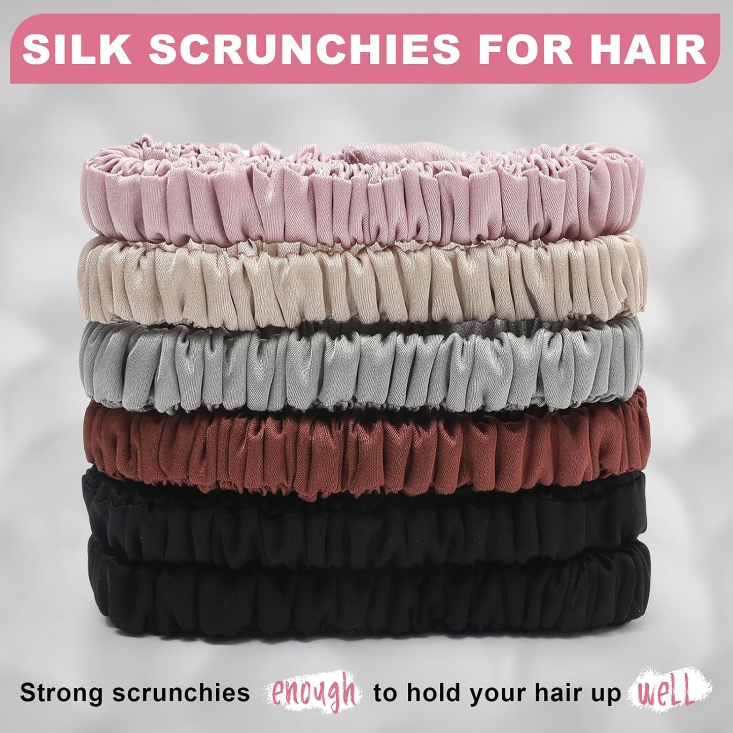 6Pcs Silk Hair Ties 100% Pure Mulberry Silk Scrunchies for Women Girls | No Hair Crease, Anti Frizz, Gentle Hold, No Damage, Black Brown Pink