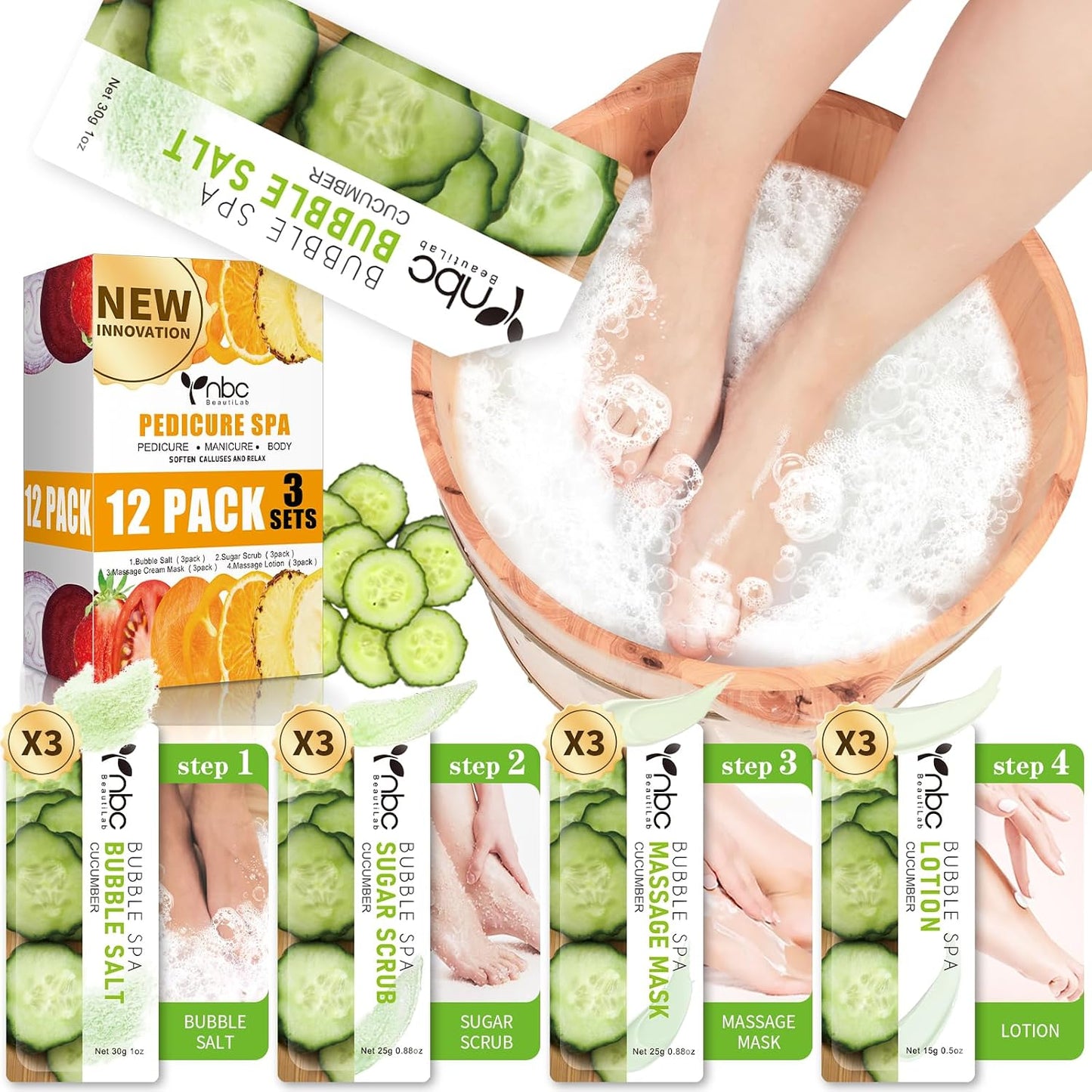 Pedicure Kit Foot Soak Set: Bubble Salt, Sugar Scrub, Massage Mask, Massage Lotion in a Box, 4 Step Foot Spa Kit for Dry Feet, Softens Calluses, Tired Feet（3 Set Lavender) - Colors A