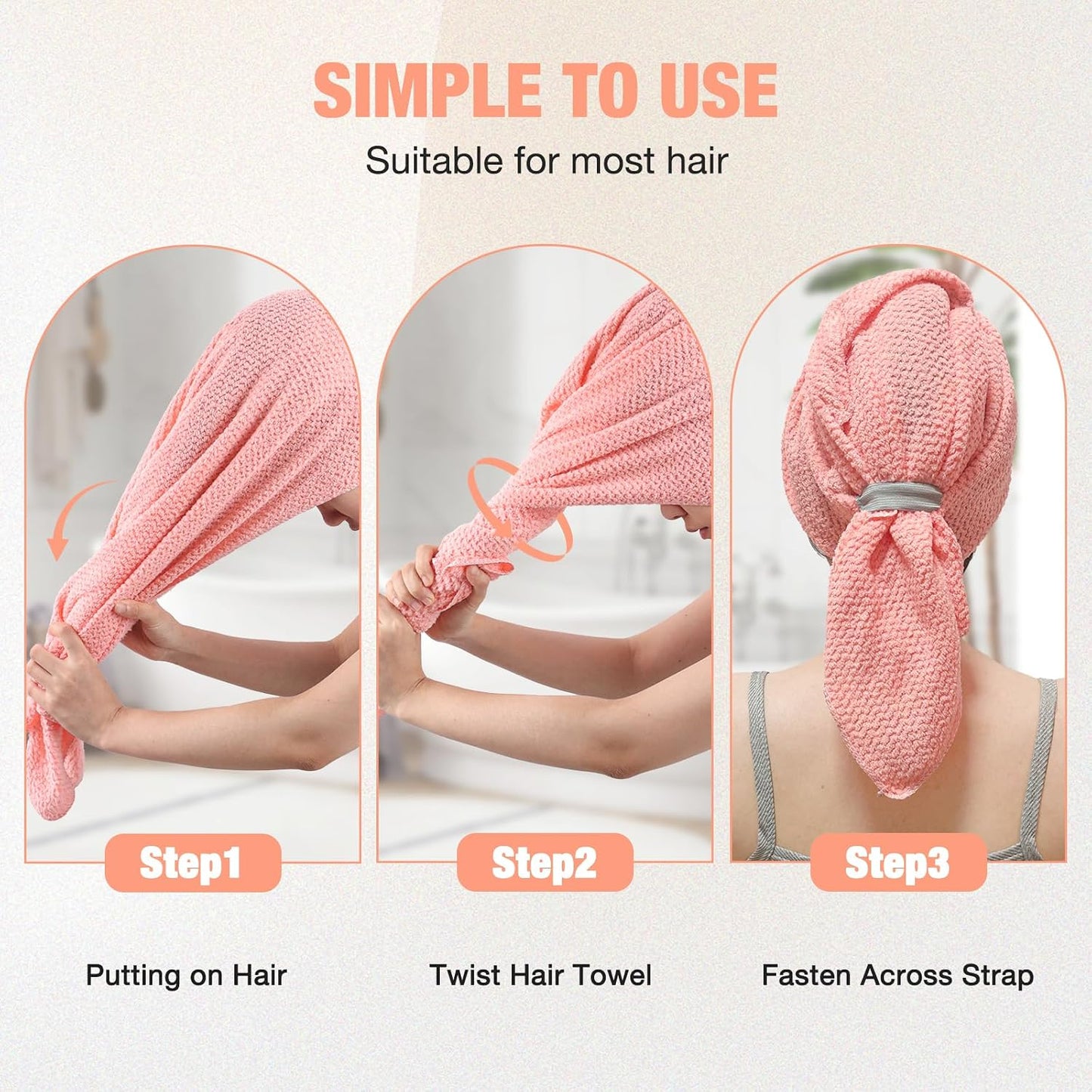 3 Pack Microfiber Hair Drying Towels for Women, Super Absorbent Microfiber Hair Towel for Curly Hair, Hair Drying Towel Wrap for Hair Care with Elastic Strap
