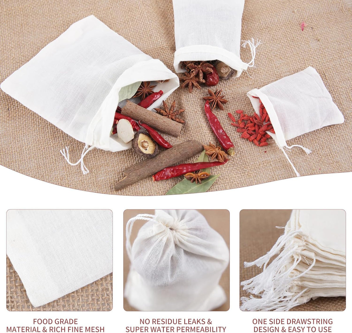 50pcs Spice Bags,4x6 In Muslin Bags with Drawstring