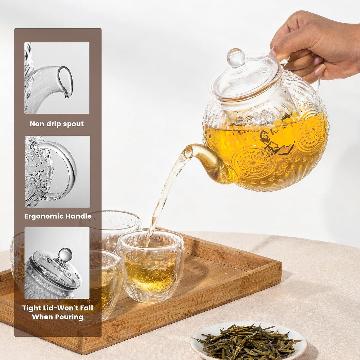 Bandesun Vintage Glass Teapot, Tea Kettle with Removable Infuser 32OZ/1000ml, Borosilicate Glass Pot -Stovetop Safe, Blooming & Loose Leaf Tea Maker Set