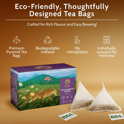 Blooms & Leopard Premium Herbal Tea – A Hummingbird's Holiday Blend with Chamomile, Lavender, Valerian Root, Butterfly Blue Pea Flower, Lemon Peel & Rose Petals – 20 Caffeine-Free Pyramid Tea Bags
