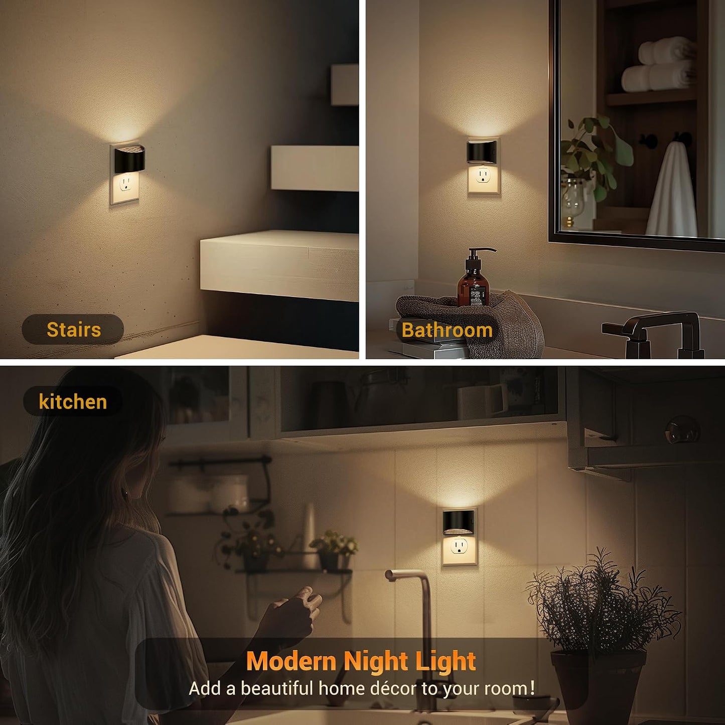 JandCase Night Light, Modern Night Lights Plug into Wall,2 Pack Dusk to Dawn Sensor Nightlight, Amber Brightness Adjustable Nightlight for Kids Bathroom Hallway Kitchen Bedroom Decor