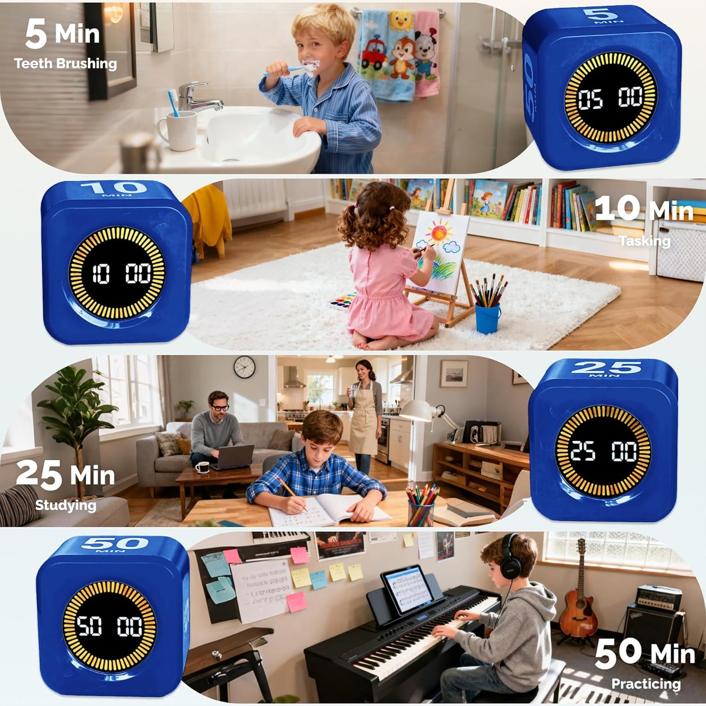 KADAMS Pomodoro Timer Visual - Productivity Pomodoro Cube, 5/10/25/50 Min Countdown & Countup, Silent – Ideal for Work Study Cook Workout Kitchen School Classroom Office ADHD Gift Kids (1, Black)