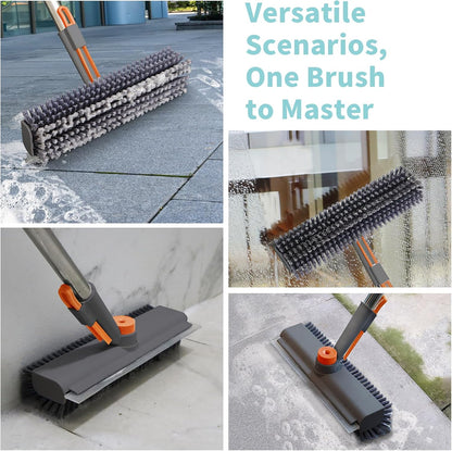 Floor Scrub Brush with Long Handle, 3 in 1 Scrape and Heavy-Duty Stiff Bristle Scrubber Brush Broom for Cleaning Shower Bathroom, Patio, Pool, Garage, Kitchen, Wall and Deck (White, 1 Pack)
