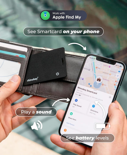 Rhinokey® Apple Find My Wallet Tracker Card, MFi Certified Bluetooth Tracker for iPhone, 0.07in Slim Credit Card Item Finder, IP68 Waterproof Rechargeable, Locator for Wallet, Luggage, Passport