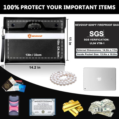 Upgraded 6200°F Fireproof Document Bag with Lock, Fire proof Money Bag for Cash with Zipper/Reflective Strip, 9 Layer of Heat Insulated Material, Water Resistant Fireproof Bags for Documents,Safe Bags