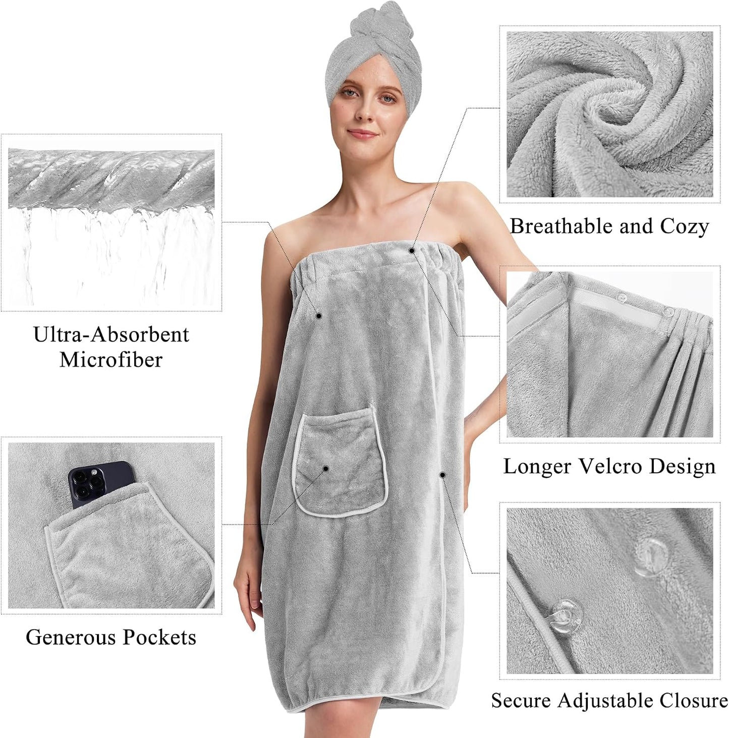 PJGGZ Towel Wrap for Women, Adjustable Button Quick Dry Absorbent Bath Wrap