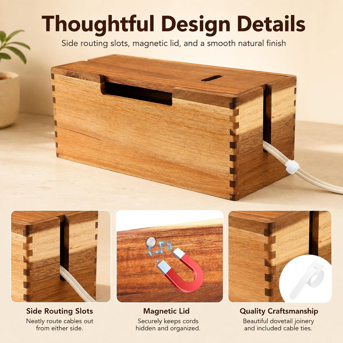 Acacia Wood Cable Management Box,Office Under Desk Cable Storage Box for Wire, Cord Hider Organizer for Power Strip, Electrical Hiding, TV Wires, Desk & Floor Cables