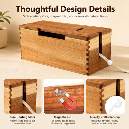 Acacia Wood Cable Management Box,Office Under Desk Cable Storage Box for Wire, Cord Hider Organizer for Power Strip, Electrical Hiding, TV Wires, Desk & Floor Cables