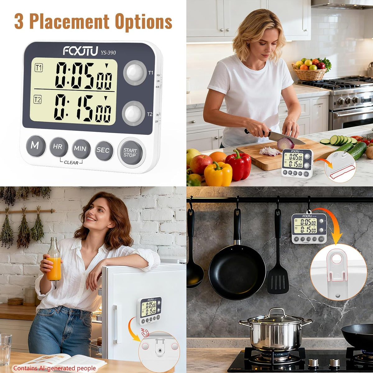 Digital Dual Kitchen Timer, 3-Channel Magnetic Countdown Timer for Cooking