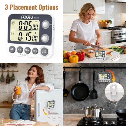 Digital Dual Kitchen Timer, 3-Channel Magnetic Countdown Timer for Cooking